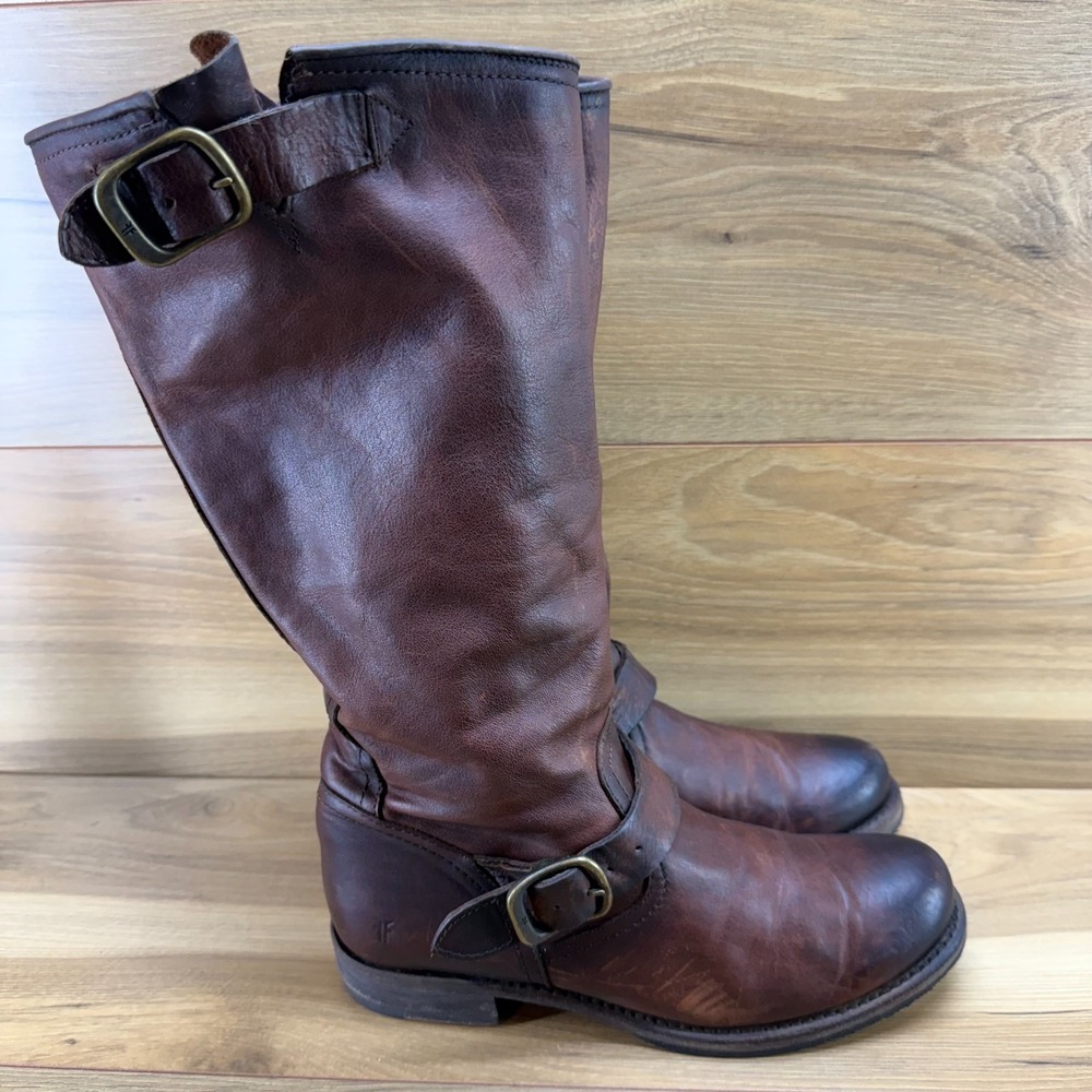 FRYE FLAWED Veronica Slouch Tall Boots 9 Brown Soft Leather Biker Boho Festival